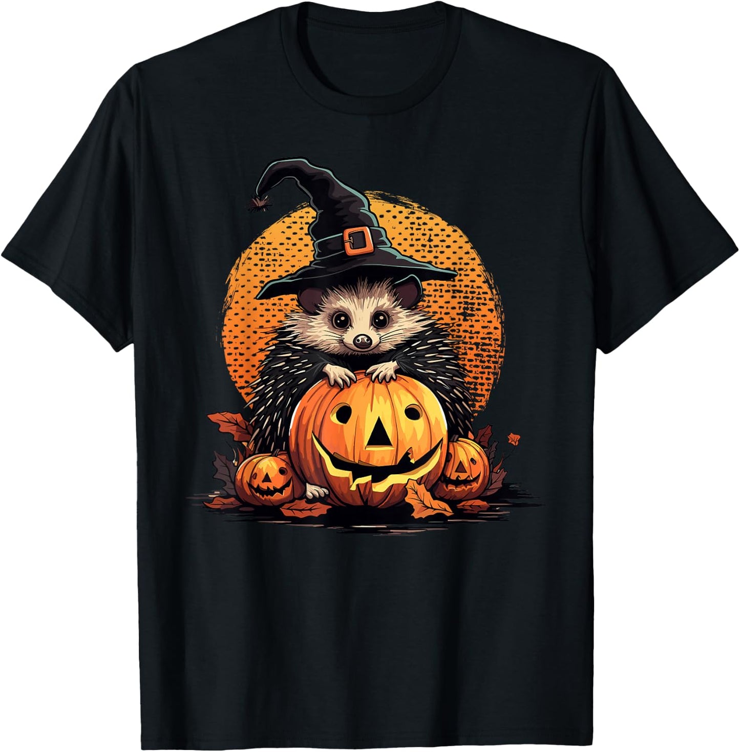 Hedgehog Halloween Pumpkin Funny Hedgehog Witch Graphic T-Shirt - T-Shirt | Black