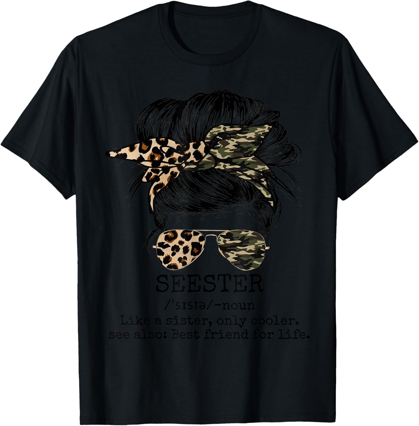 Seester Definition Messy Bun Camo Cheetah T-Shirt - T-Shirt | Black