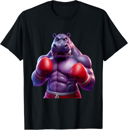 Boxing Hippo Hippopotamus Boxer Kickboxer MMA Fighter Combat T-Shirt - T-Shirt | Black