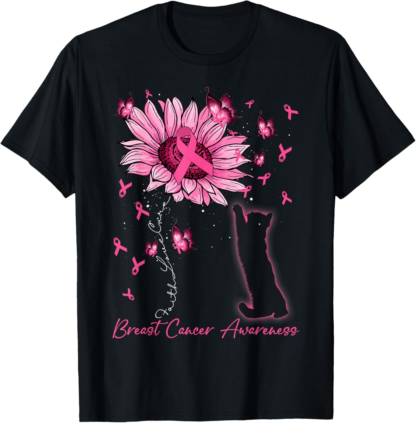 Faith Love Cure Breast Cancer Black Cat & Sunflower Women T-Shirt - T-Shirt | Black