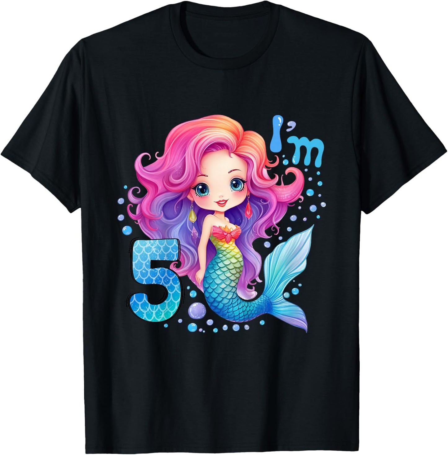 Kids 5 Year Old Girl 5th Birthday Outfit Gifts Girls Cute Mermaid T-Shirt - T-Shirt | Black