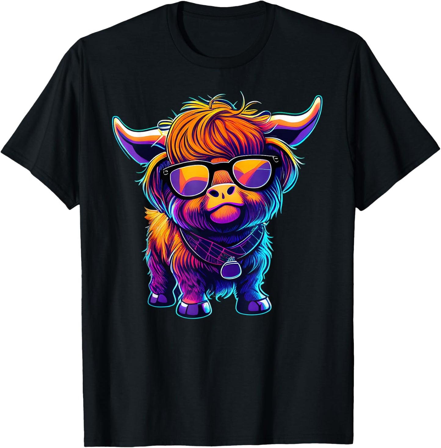Retro 80's Cute Highland Cow Colorful Highland Cow Graphic T-Shirt - T-Shirt | Black