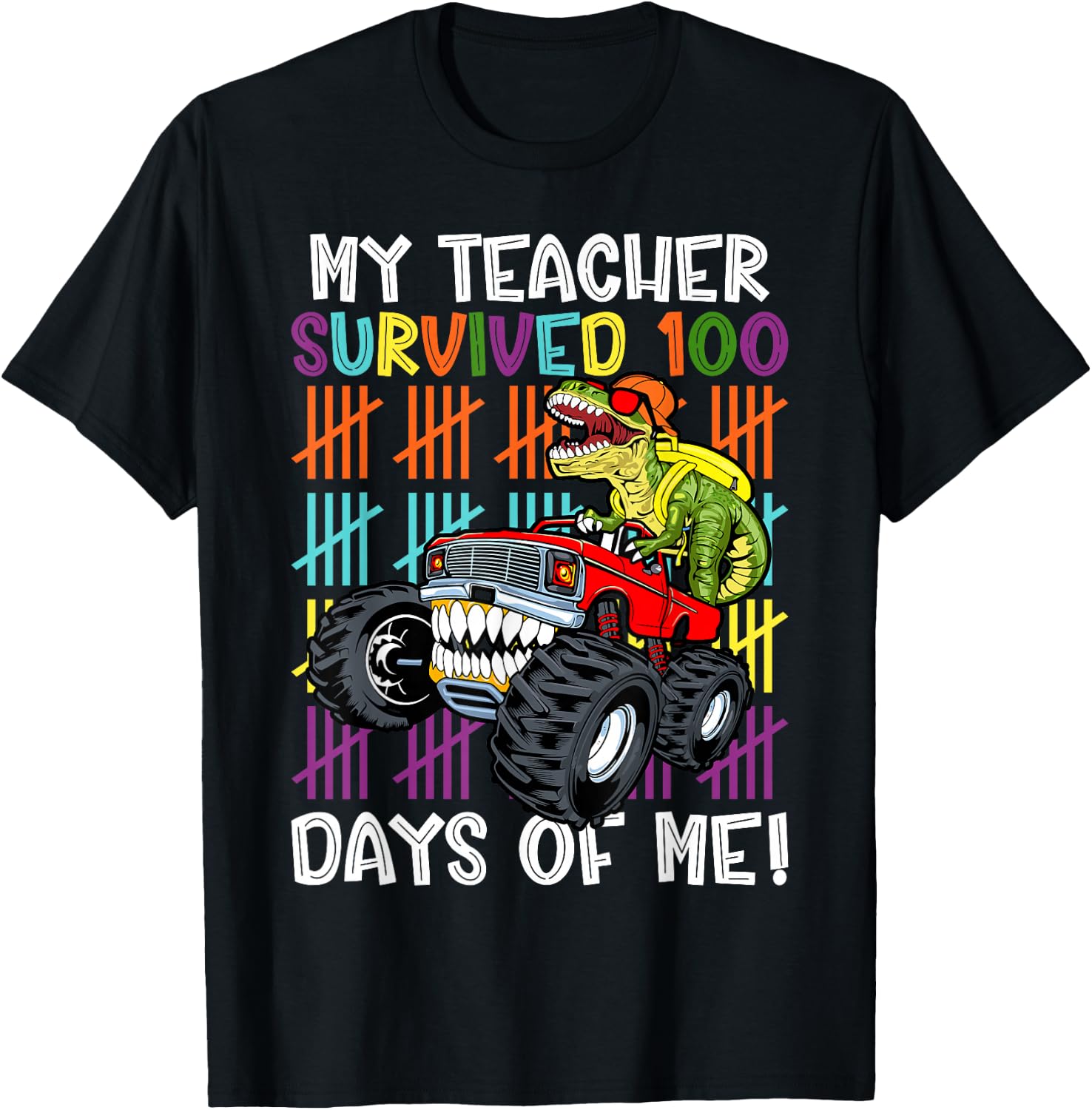 100th Day Of School My Teacher Survived 100 Days Dinosaur T-Shirt - T-Shirt | Black