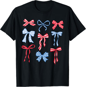 Red White And Blue American Coquette Bows Funny 4th Of July T-Shirt - T-Shirt | Black