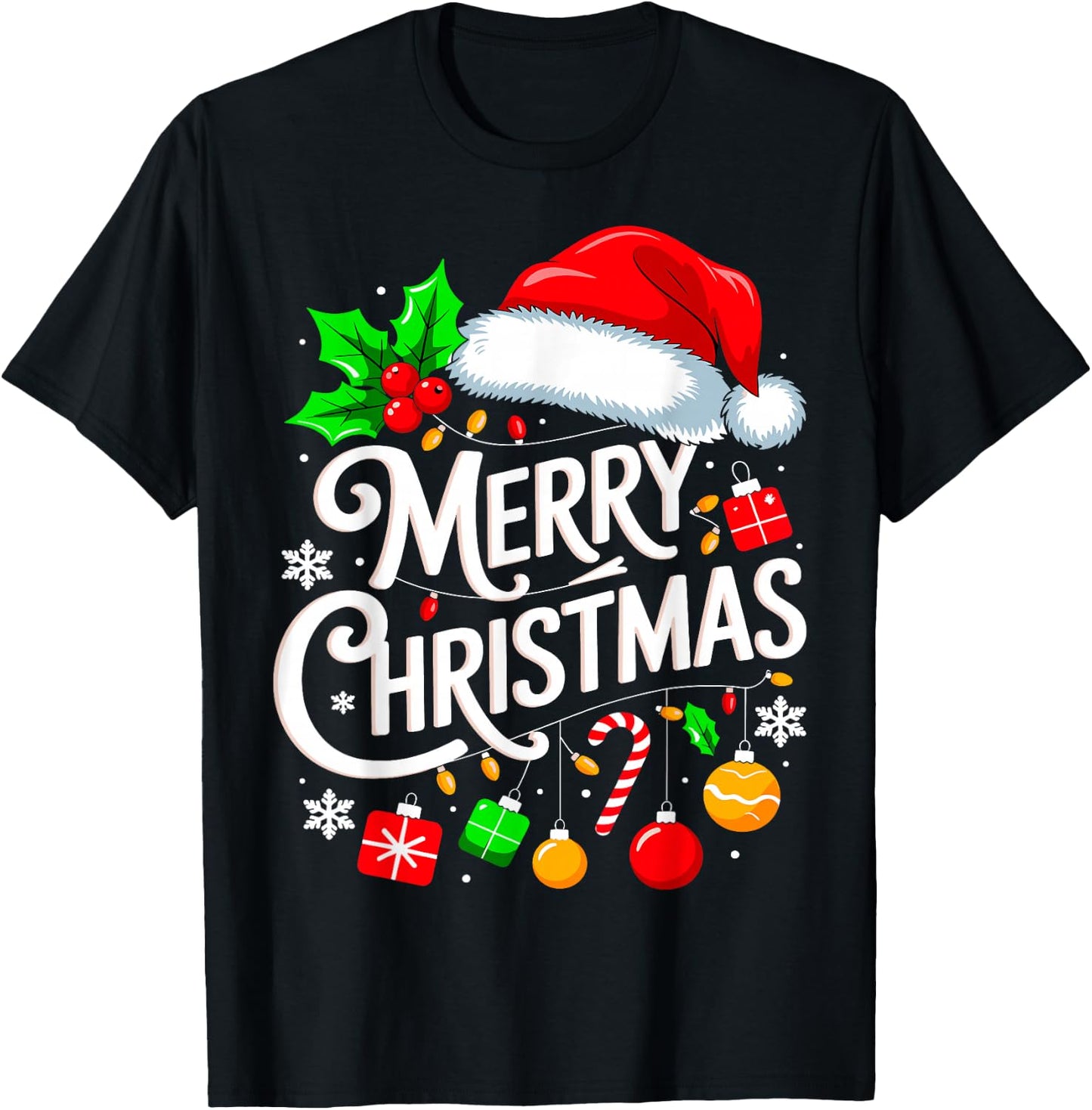 Merry Christmas Lights Family Santa Hat Xmas T-Shirt - T-Shirt | Black