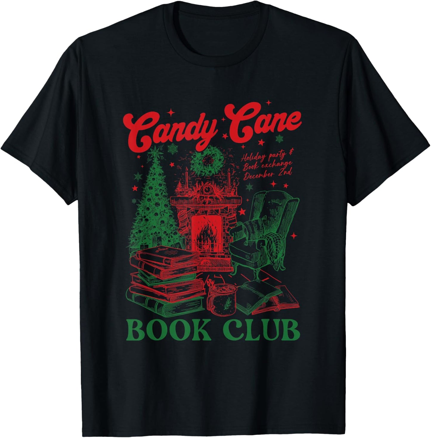 Bookish Christmas Candy Cane Book Club Book Love Winter T-Shirt - T-Shirt | Black