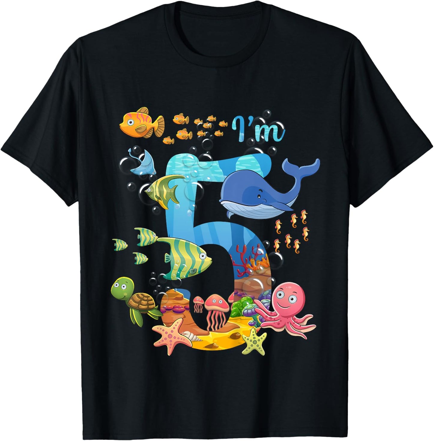 Kids 5 Years Old Whale Fish Ocean Theme 5th Birthday Boy Girl , black T-Shirt - T-Shirt | Black