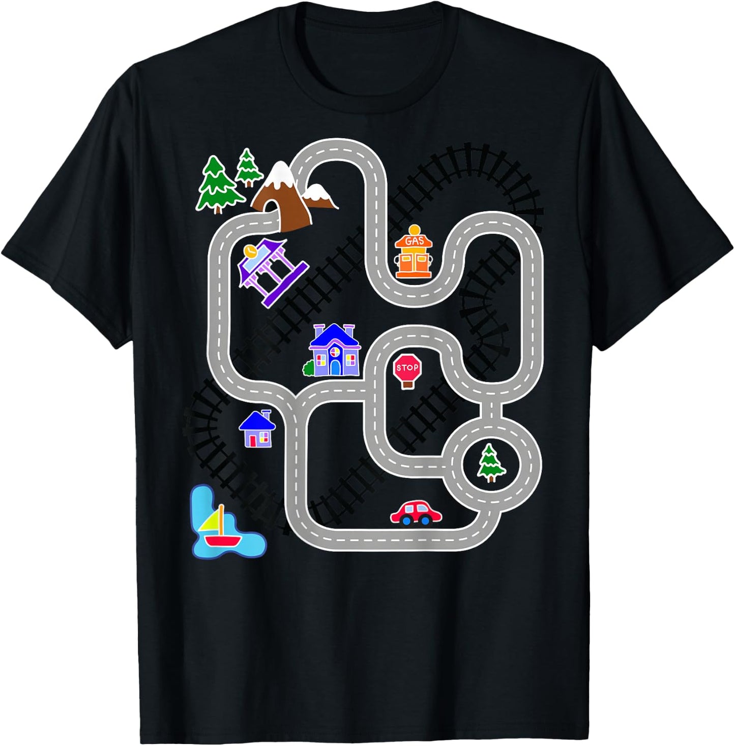 Novelty Gifts for Fathers Day, Car & Train Playmat Rug T-Shirt - T-Shirt | Black