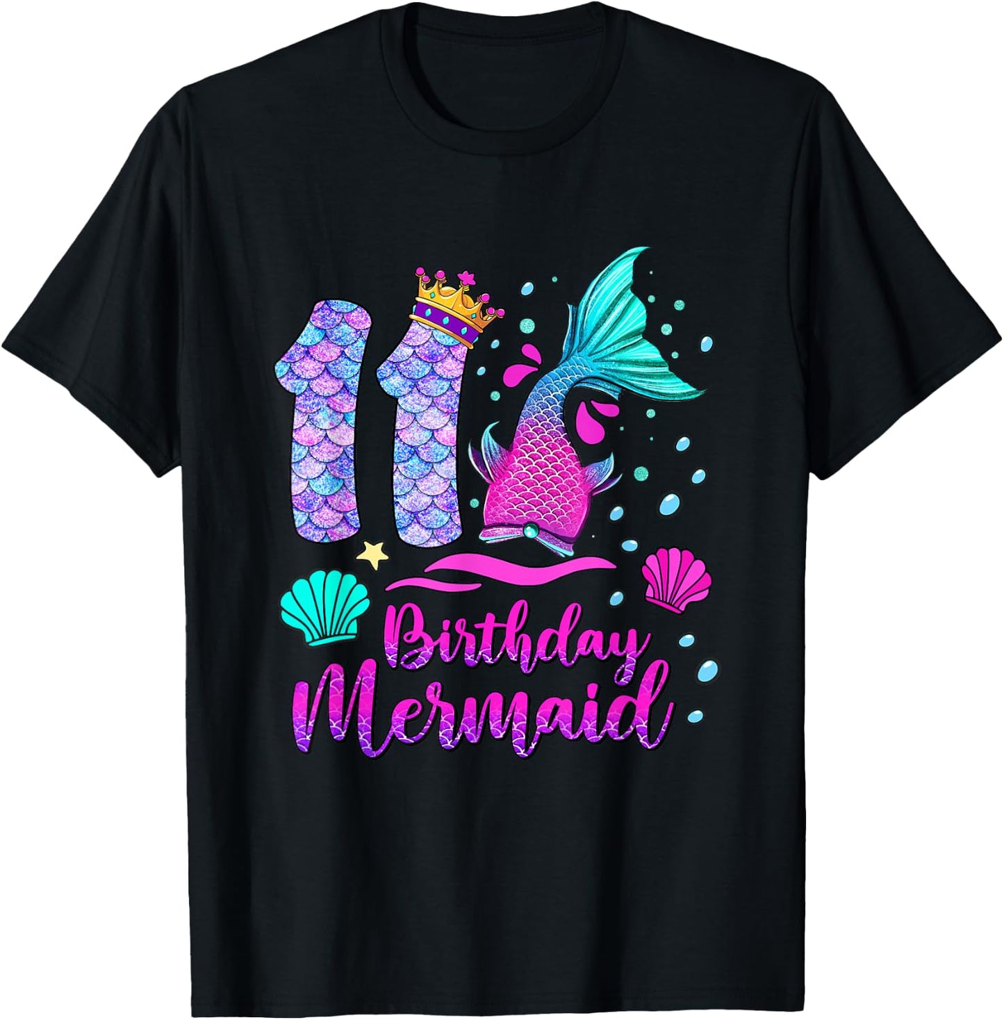 11 Birthday Mermaid Kids Girls 11th Birthday 11 Years Old T-Shirt - T-Shirt | Black