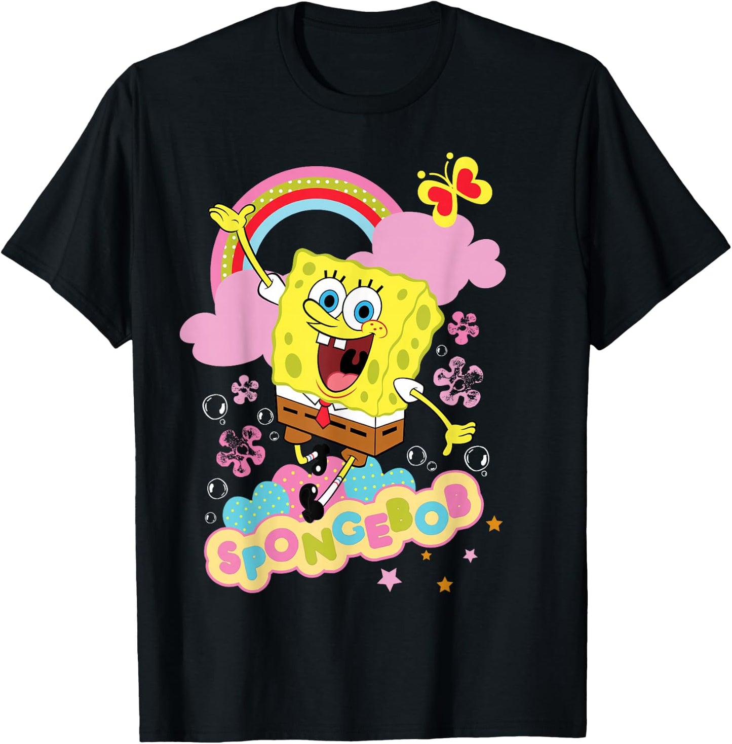 Spongebob Schwammkopf Blumen und Regenbogen T-Shirt - T-Shirt | Black