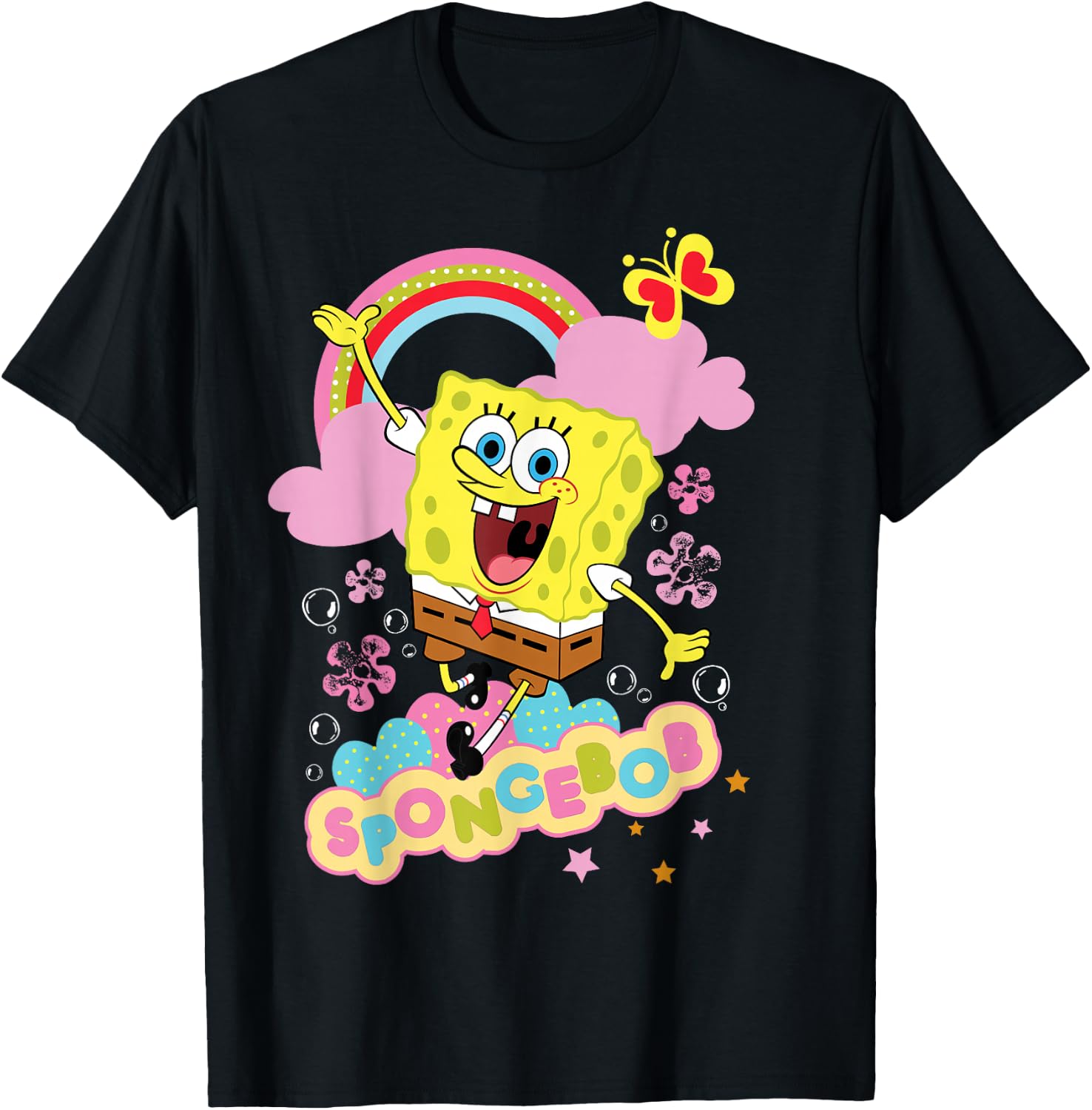 Spongebob Schwammkopf Blumen und Regenbogen T-Shirt - T-Shirt | Black