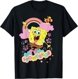 Spongebob Schwammkopf Blumen und Regenbogen T-Shirt - T-Shirt | Black