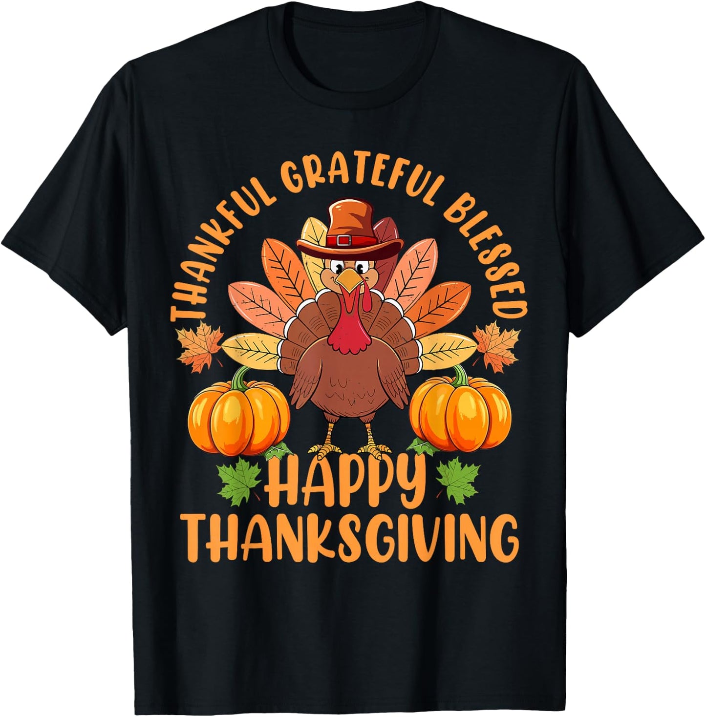 Thankful Grateful Blessed Turkey Women Happy Thanksgiving T-Shirt - T-Shirt | Black