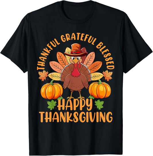 Thankful Grateful Blessed Turkey Women Happy Thanksgiving T-Shirt - T-Shirt | Black