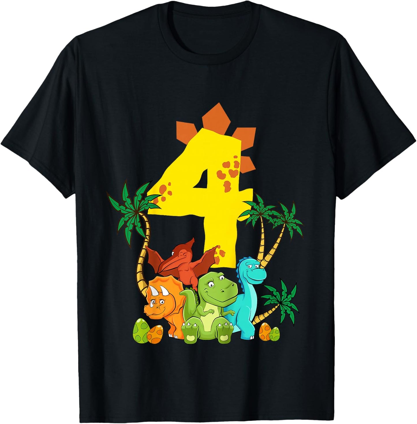 Children's 4 Years Birthday Boy Dinosaur Party Dino I Am 4 , black T-Shirt - T-Shirt | Black