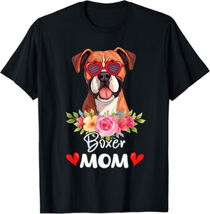 Boxer Dog Mama Mom Sunglasses Flower Dog Lover Owner T-Shirt - T-Shirt | Black