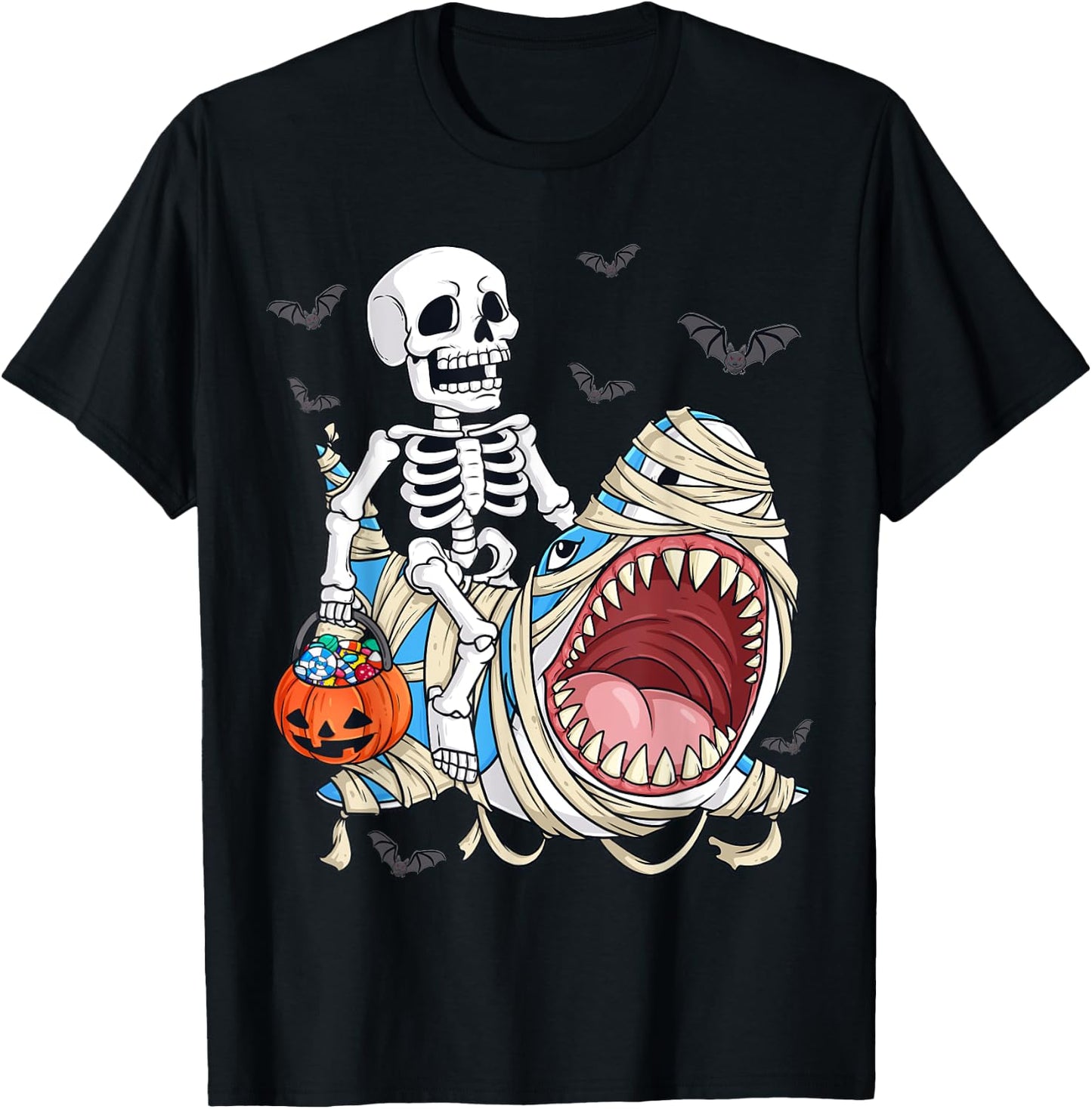 Skeleton Riding Mummy Shark Funny Halloween Pumpkin Kids T-Shirt - T-Shirt | Black