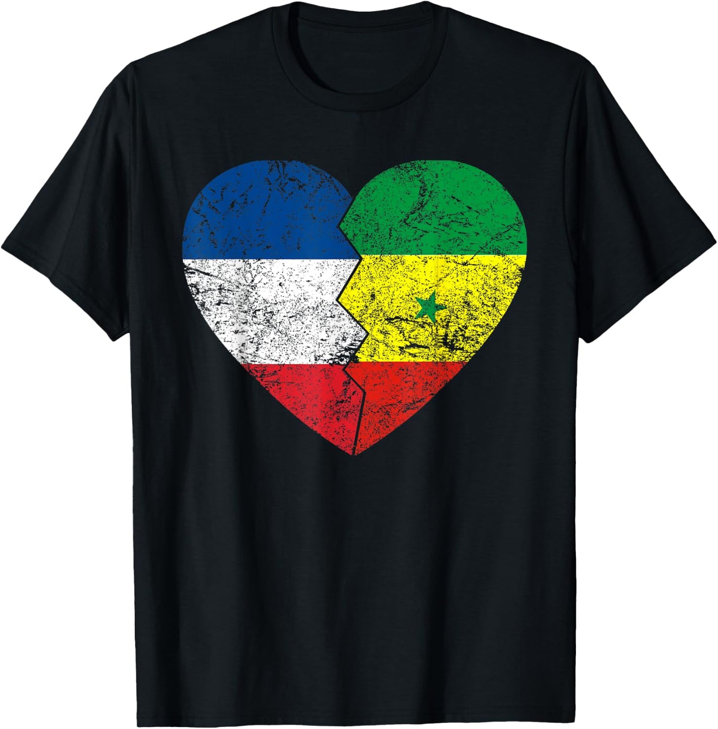 Senegalese Heart Flag | France Senegal Roots Vintage T-Shirt - T-Shirt | Black
