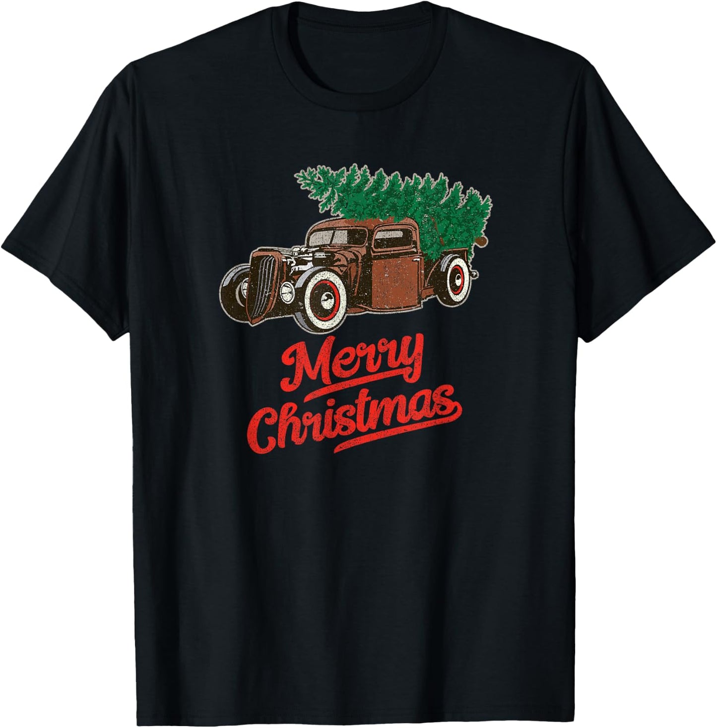 Vintage Rat Rod Merry Christmas Truck with Tree T-Shirt - T-Shirt | Black