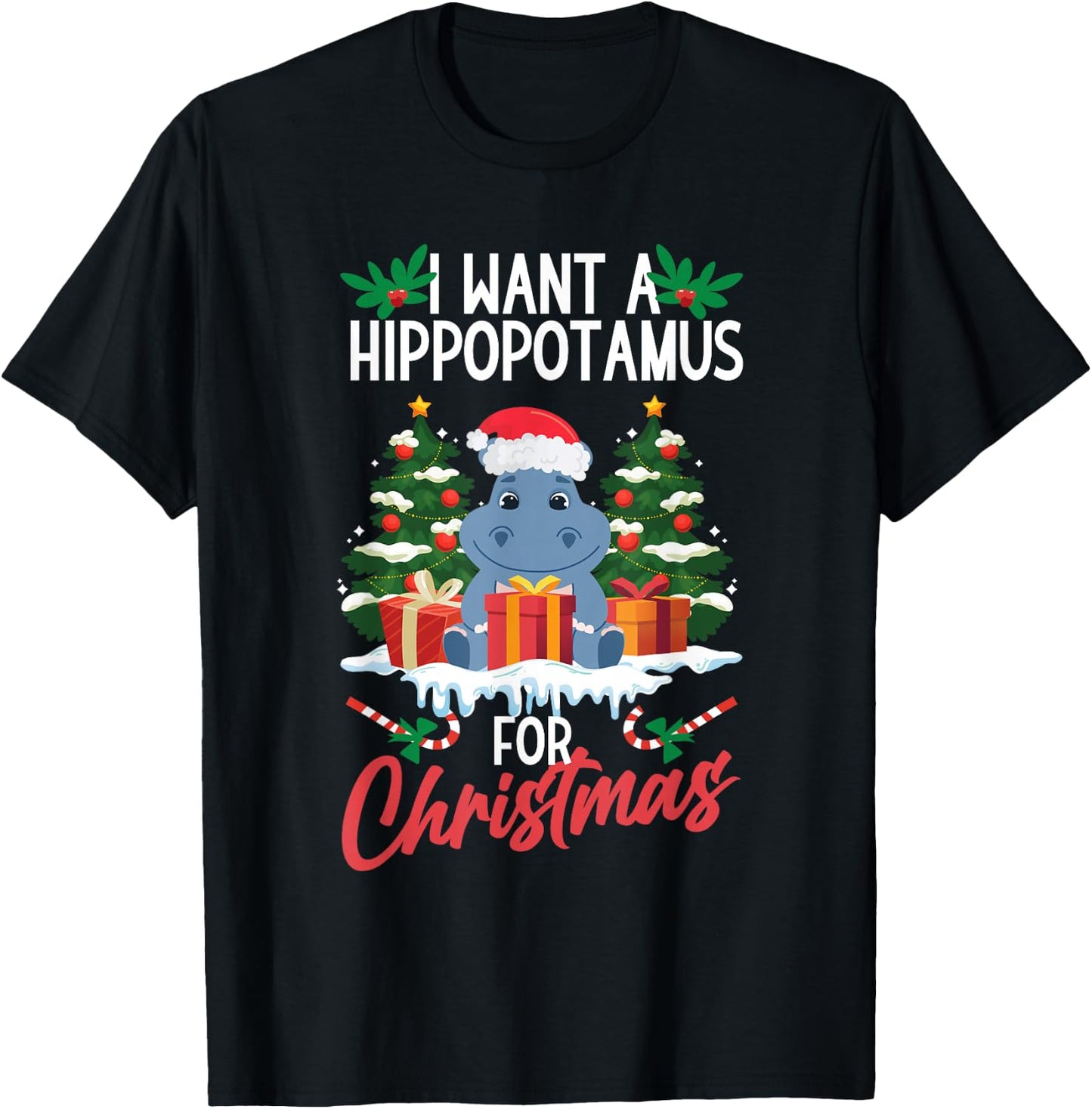 Hippopotamus Merry Christmas Santa Xmas Family Adults Kids T-Shirt - T-Shirt | Black