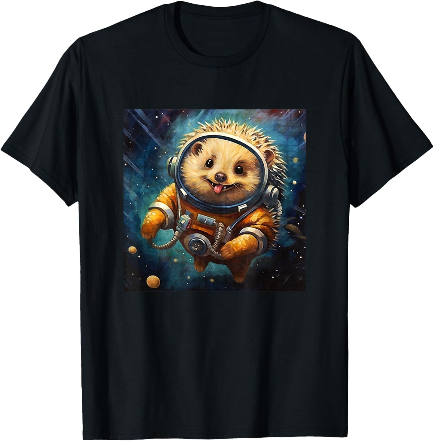 Colorful Sketch Oil Painting Of A Hedgehog In Space Funny T-Shirt - T-Shirt | Black