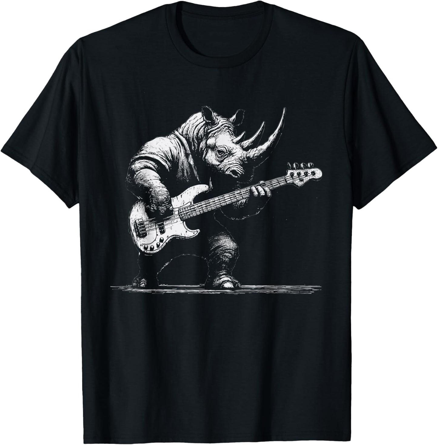 Rock Rhino Playing Bass Guitar - Funny Guitar Rhino Music T-Shirt - T-Shirt | Black