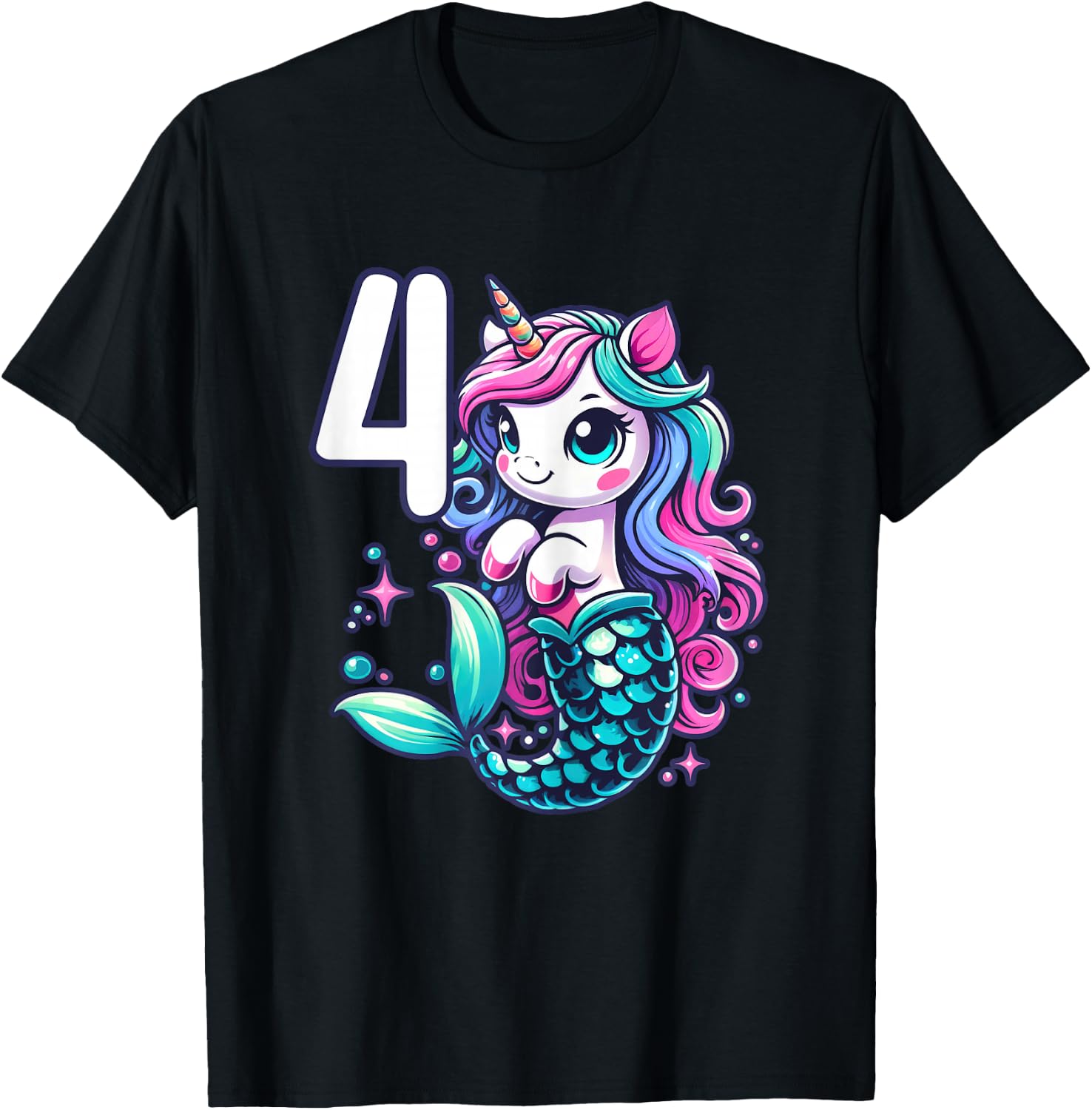 Unicorn Mermaid 4th Birthday 4 Year Old Party Girls Outfit T-Shirt - T-Shirt | Black