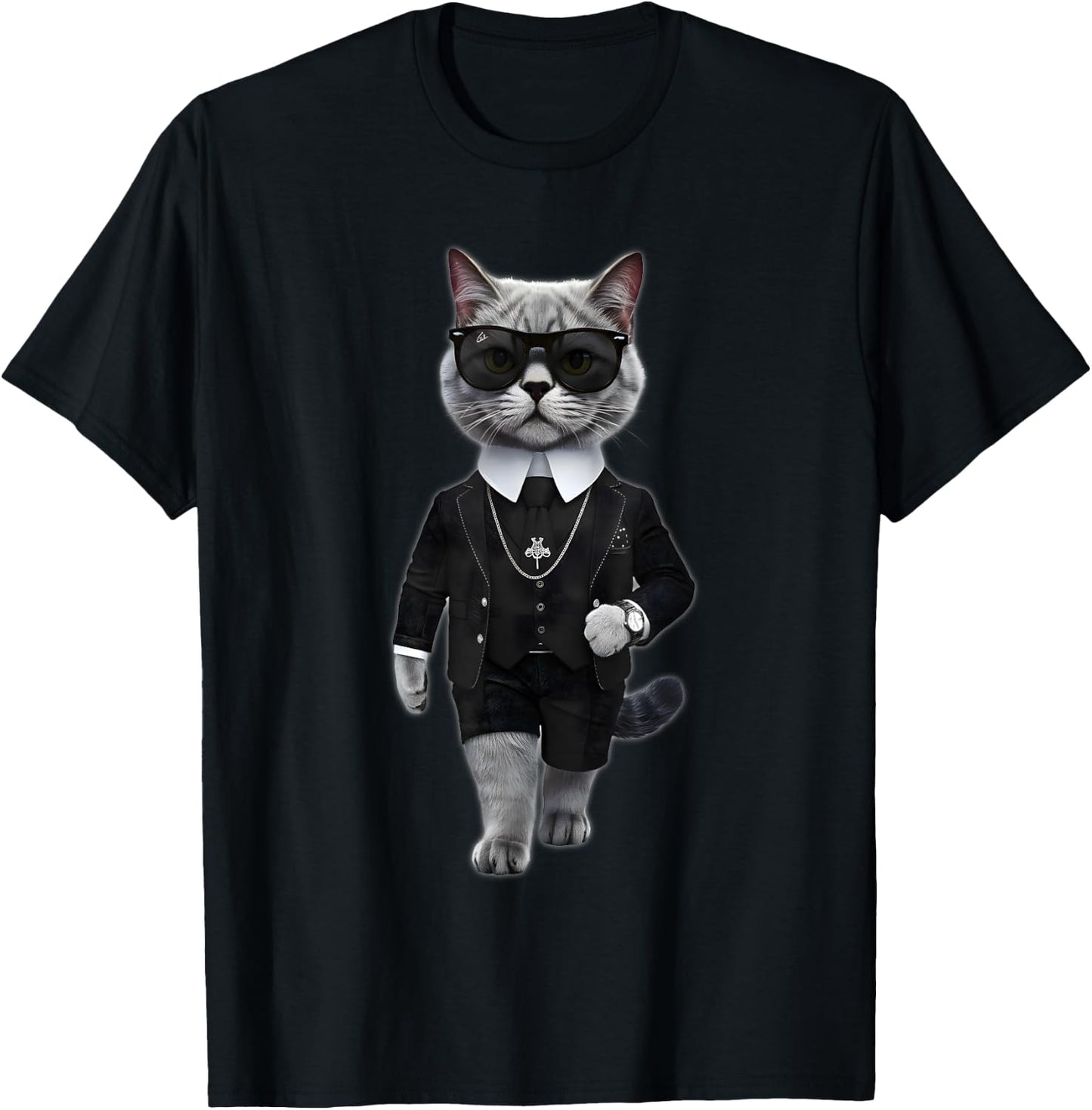 Cat in Lagerfeld Style with Sunglasses , black T-Shirt - T-Shirt | Black