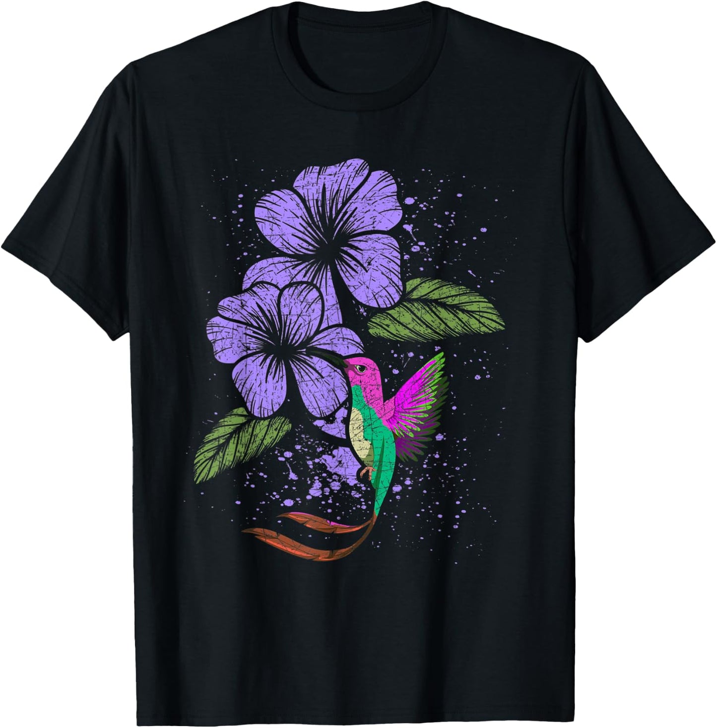 Flowers Animal Pretty Bird Lover Vintage Floral Hummingbird T-Shirt - T-Shirt | Black