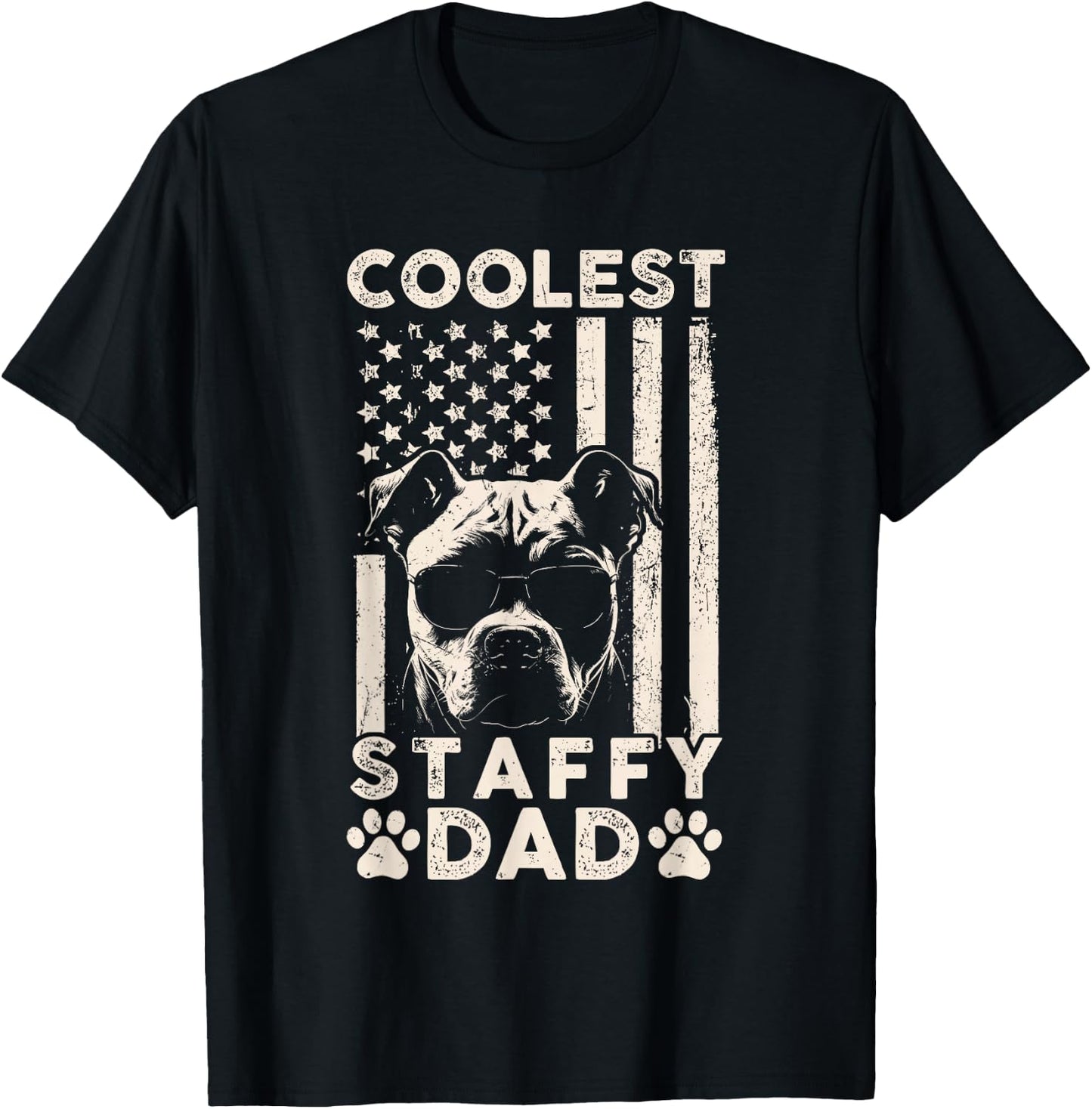 Coolest Staffy Dad Vintage American Flag Funny Fathers Day T-Shirt - T-Shirt | Black