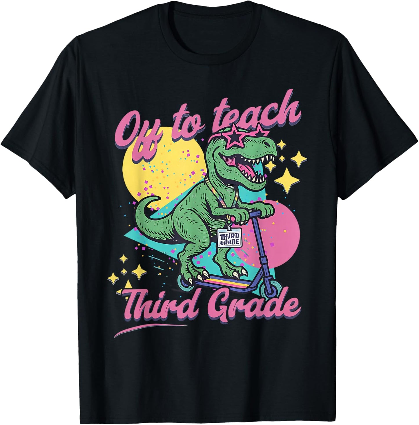 Off to Teach Third Grade Retro Dinosaur Scooter Teacher 3rd T-Shirt - T-Shirt | Black