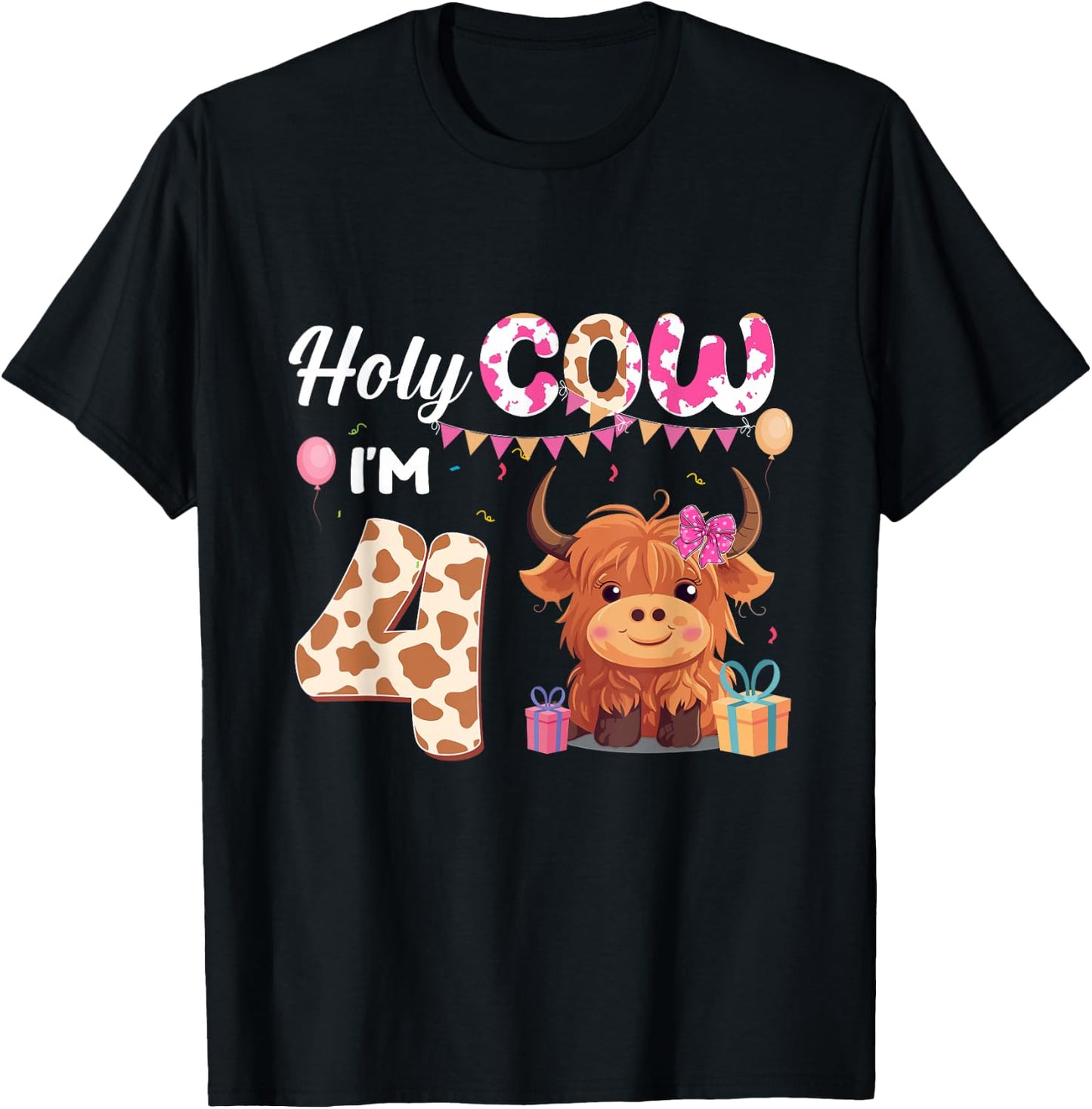 Holy Cow I'm 4 Year Old Birthday Highland Cow 4th Bday Kid T-Shirt - T-Shirt | Black