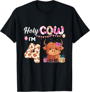 Holy Cow I'm 4 Year Old Birthday Highland Cow 4th Bday Kid T-Shirt - T-Shirt | Black