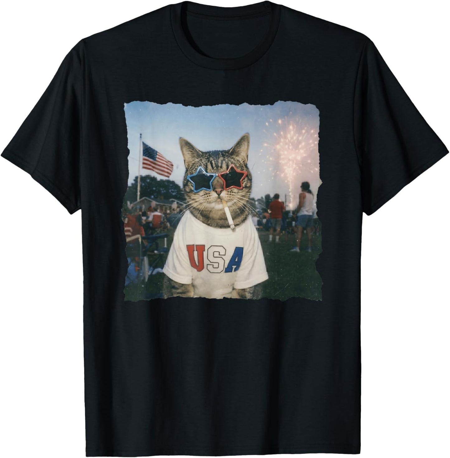 Patriotic Cat Wears USA 4th of July T-Shirt - T-Shirt | Black