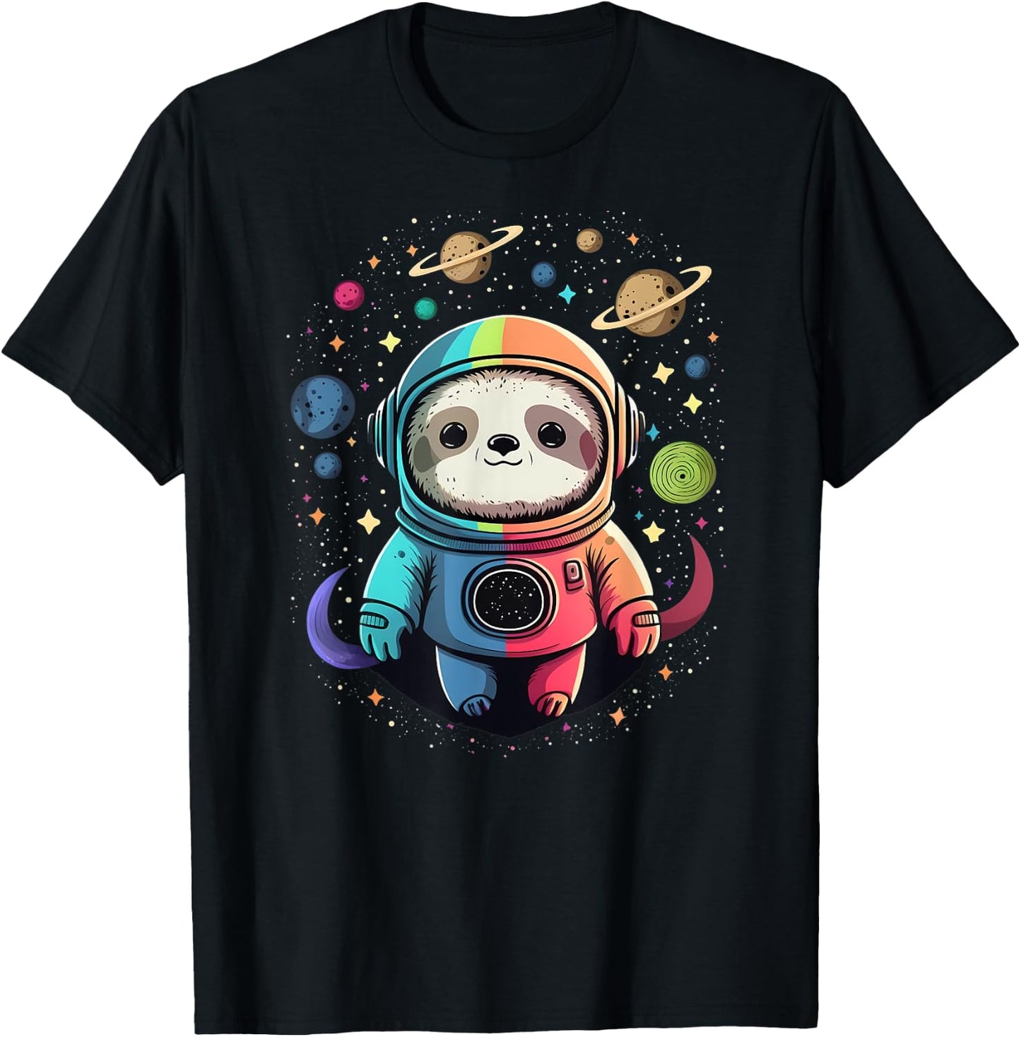 Cute Kawaii Sloth Astronaut in Outer Space Cosmic Colors T-Shirt - T-Shirt | Black