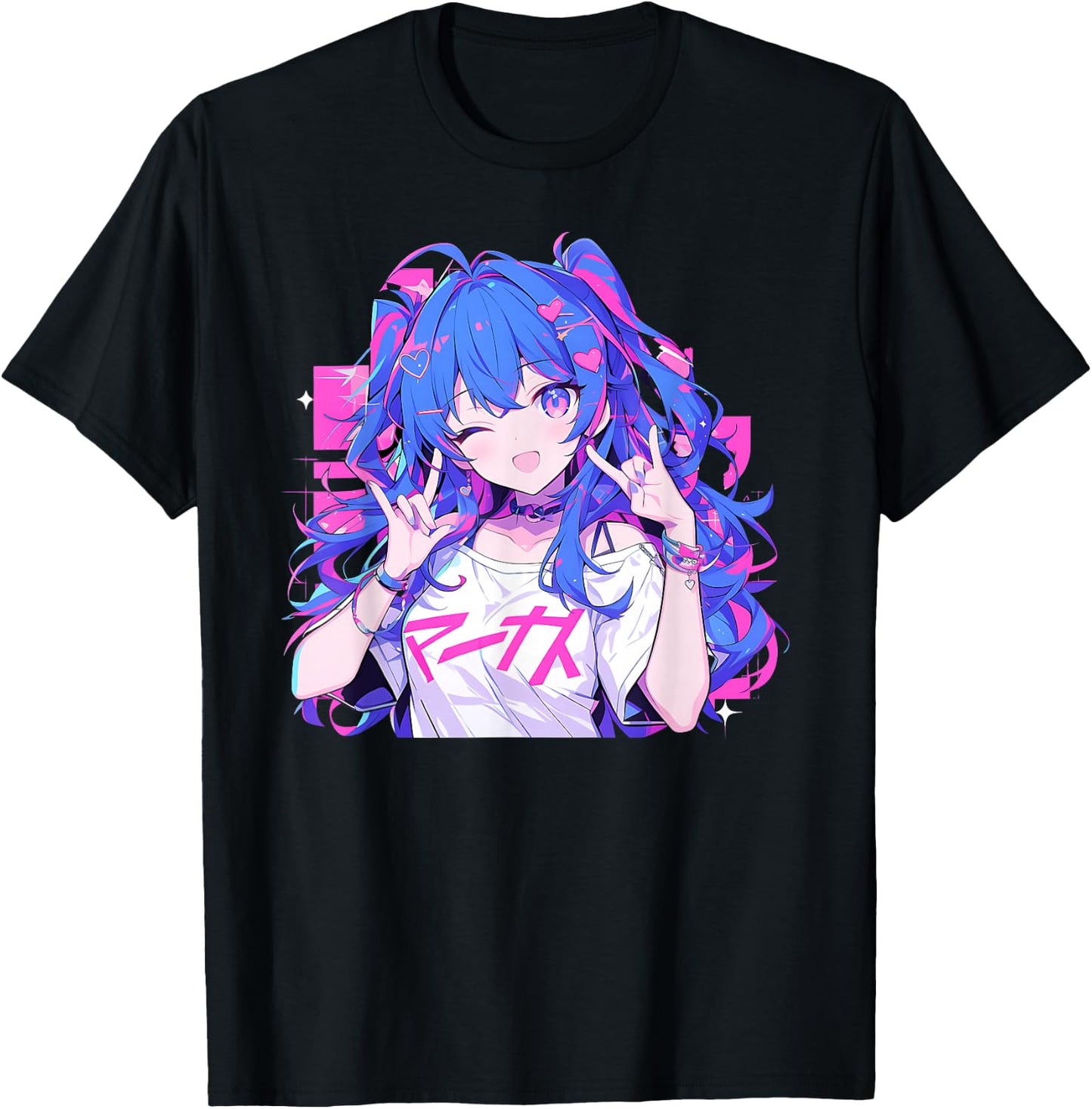 Anime Waifu Cute Manga Cat Girl Cute Retro Japanese , Black, S T-Shirt - T-Shirt | Black