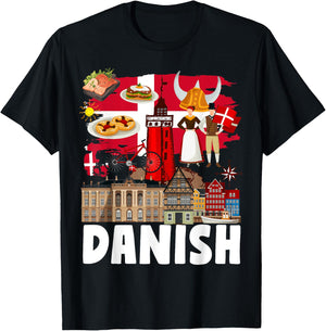 Danish Flag Outfit Idea For Kids Denmark Flag & Danish Food T-Shirt - T-Shirt | Black