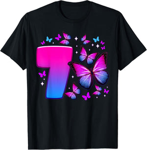 Birthday Girl 7 Years Old Butterfly Number 7 , black T-Shirt - T-Shirt | Black