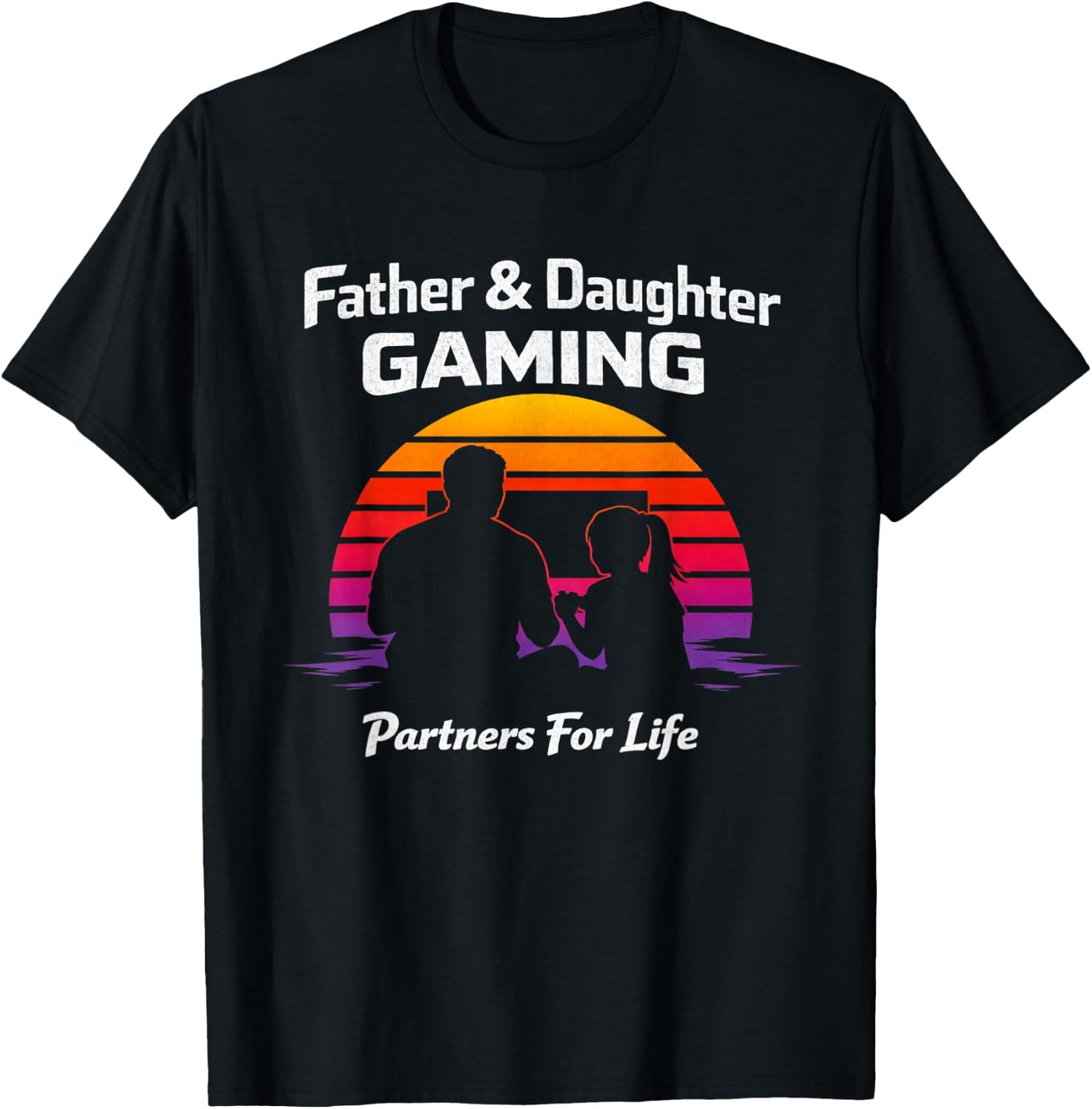 Father and Daughter Gaming Partners for Life Retro Sunset T-Shirt - T-Shirt | Black