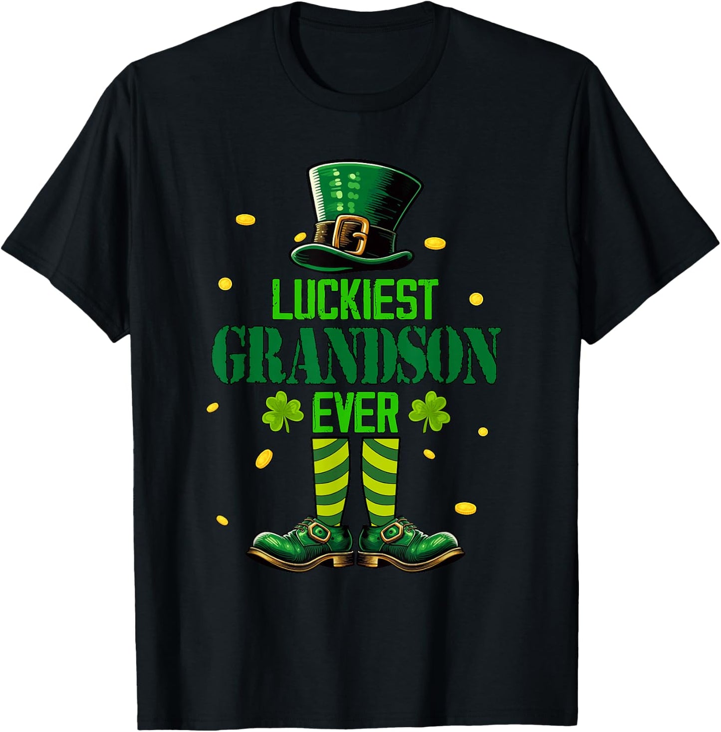 Luckiest Grandson Ever St. Patricks Day Shamrocks Family T-Shirt - T-Shirt | Black