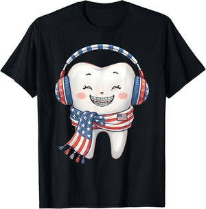 Patriotic USA Flag Molar Tooth 4th July Braces Orthodontist T-Shirt - T-Shirt | Black