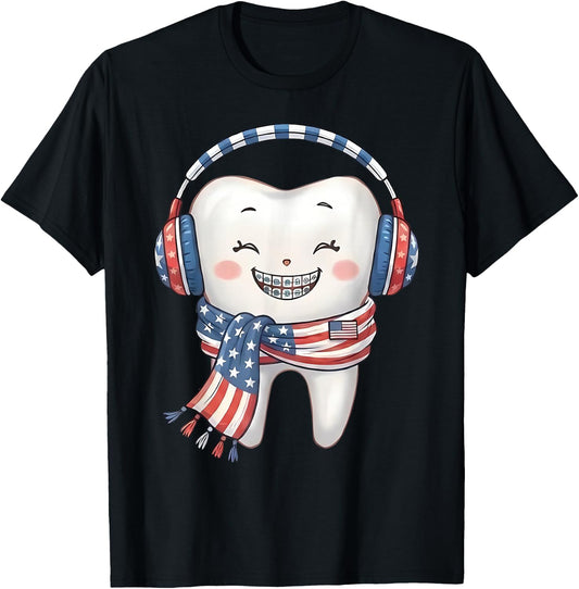 Patriotic USA Flag Molar Tooth 4th July Braces Orthodontist T-Shirt - T-Shirt | Black