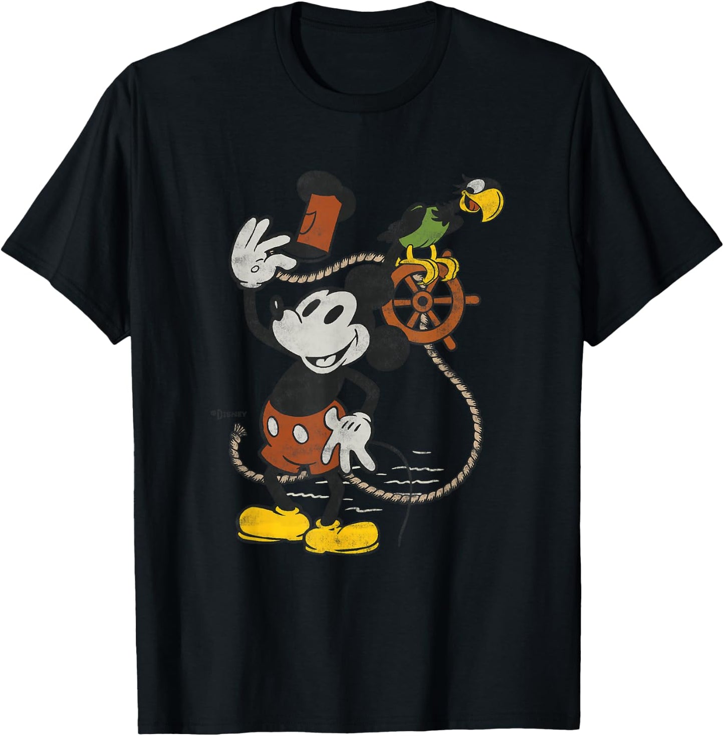 Disney 100 Mickey Mouse Steamboat Willie and Parrot D100 T-Shirt - T-Shirt | Black