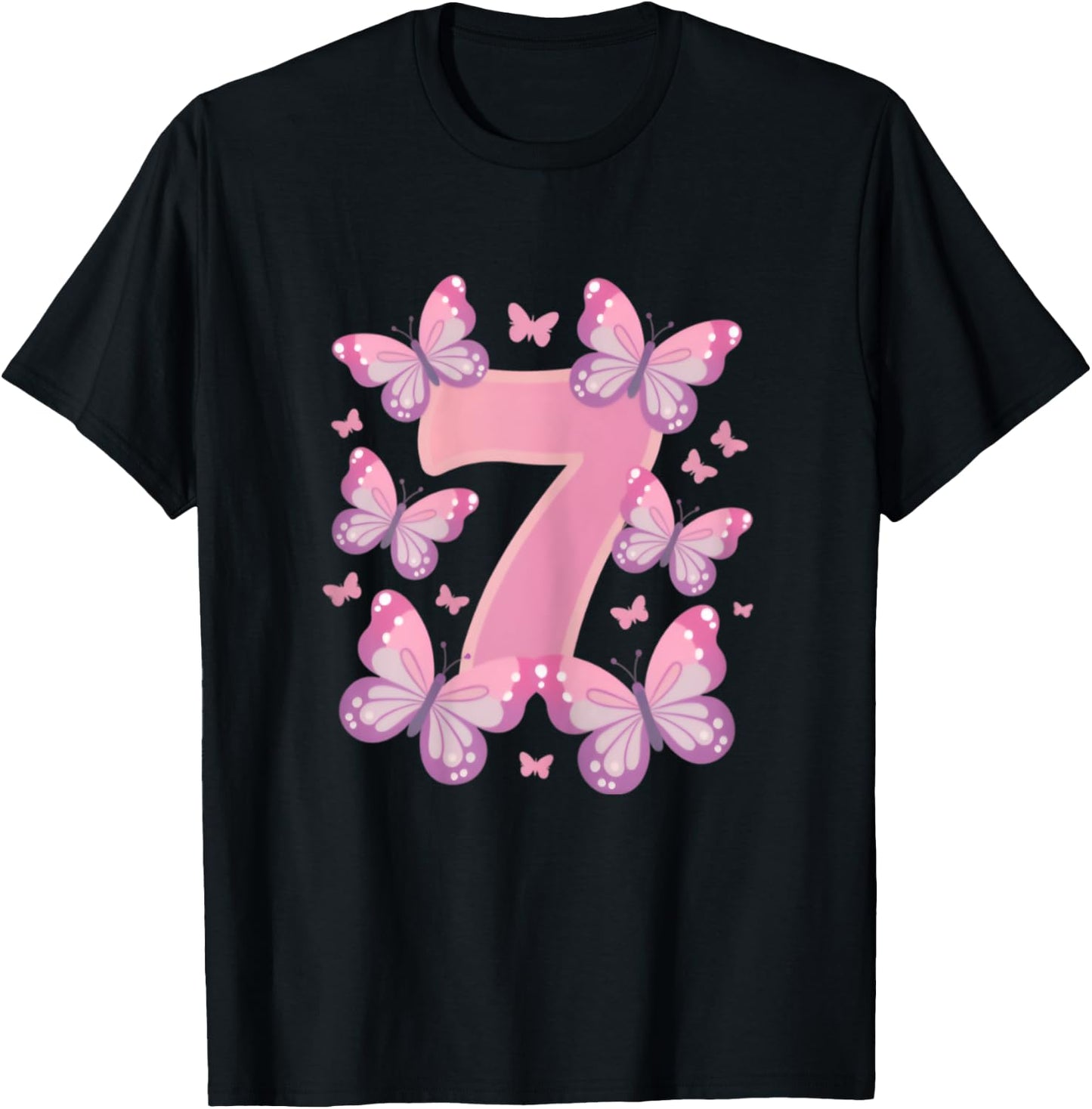 7th Birthday Girl 7th Birthday Butterflies 7 Years , black T-Shirt - T-Shirt | Black