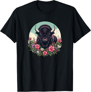 Girls Old West Retro Vintage Floral Buffalo Lover T-Shirt - T-Shirt | Black