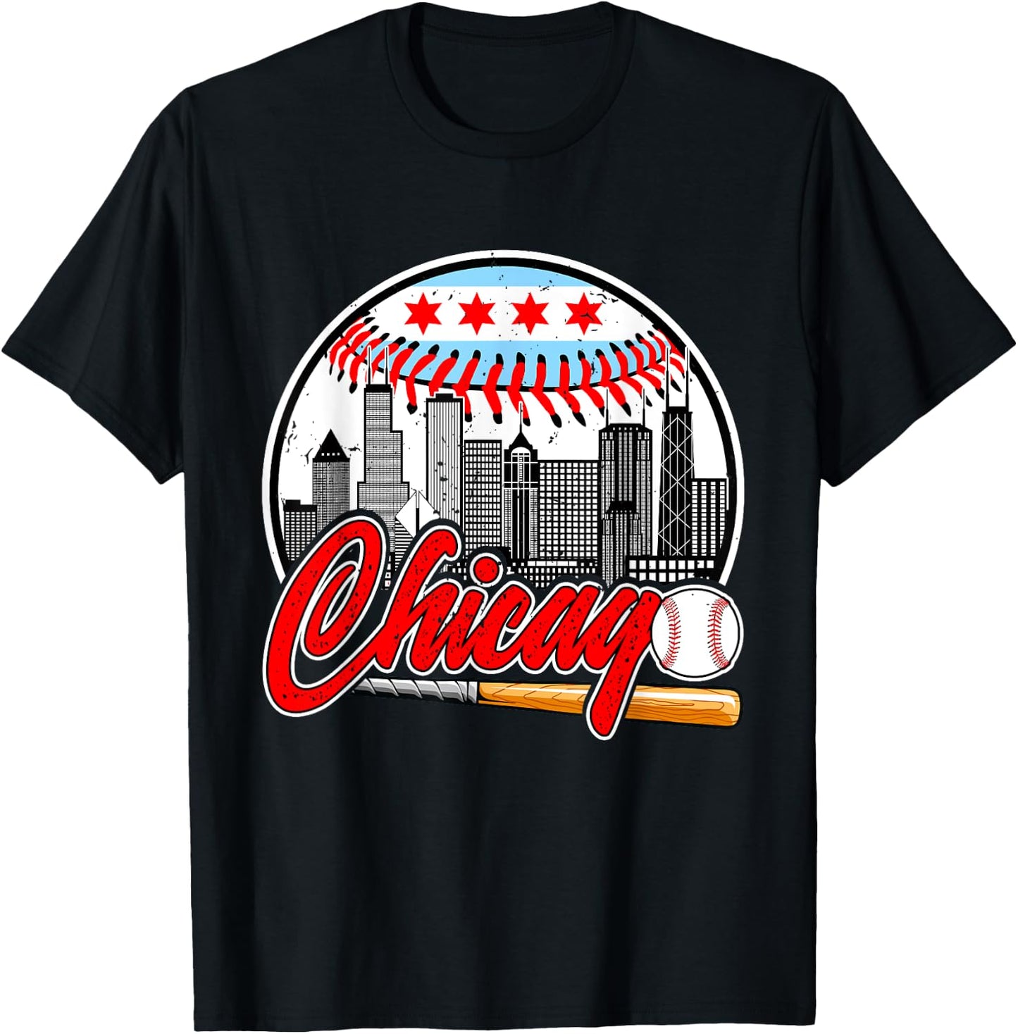 Vintage Chicago Design Funny Baseball Lover Player T-Shirt - T-Shirt | Black
