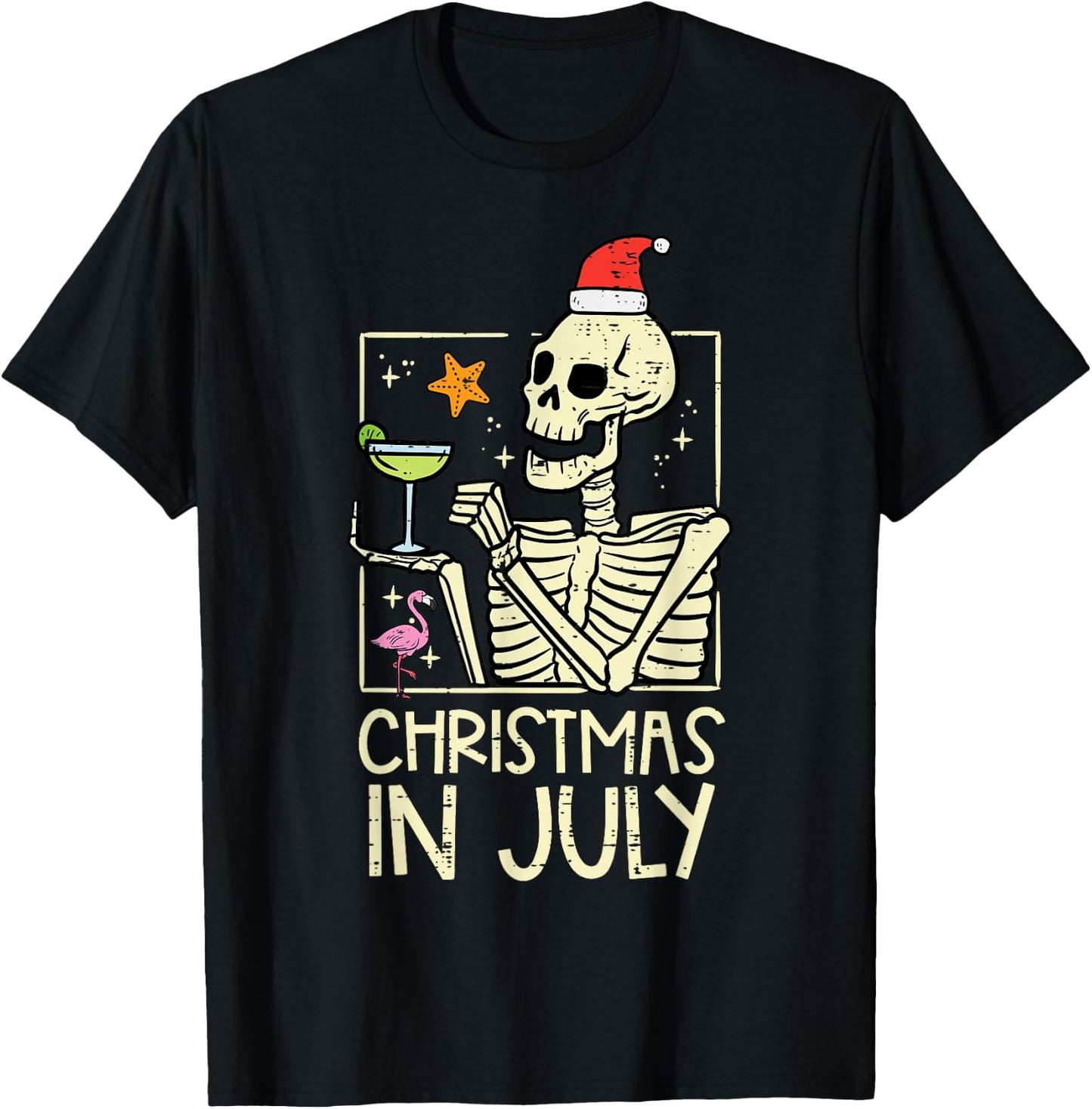 Christmas July Skeleton Flamingo Funny Summer Xmas Women Men T-Shirt - T-Shirt | Black
