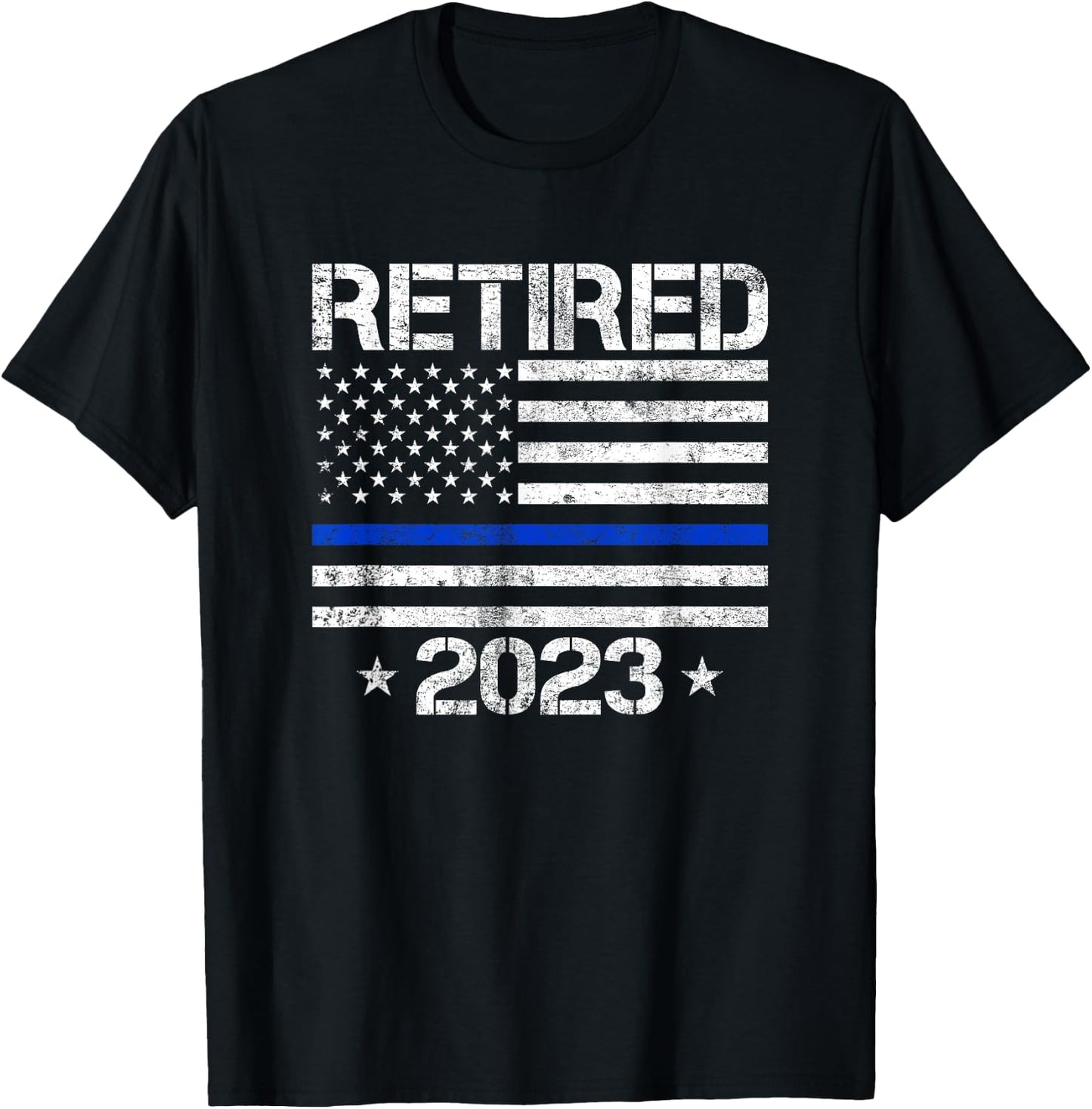 Retired 2023 Thin Blue Line US Flag Police Retirement Gifts T-Shirt - T-Shirt | Black