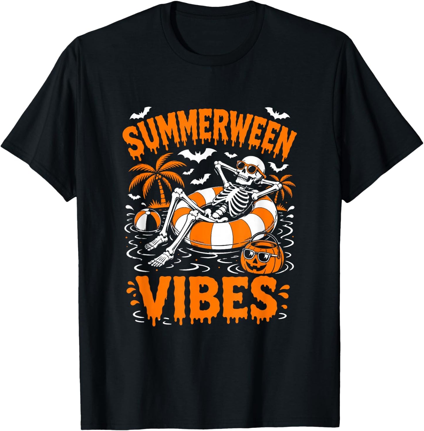 Summerween Vibes Skeleton Floating Pool Pumpkin Halloween T-Shirt - T-Shirt | Black