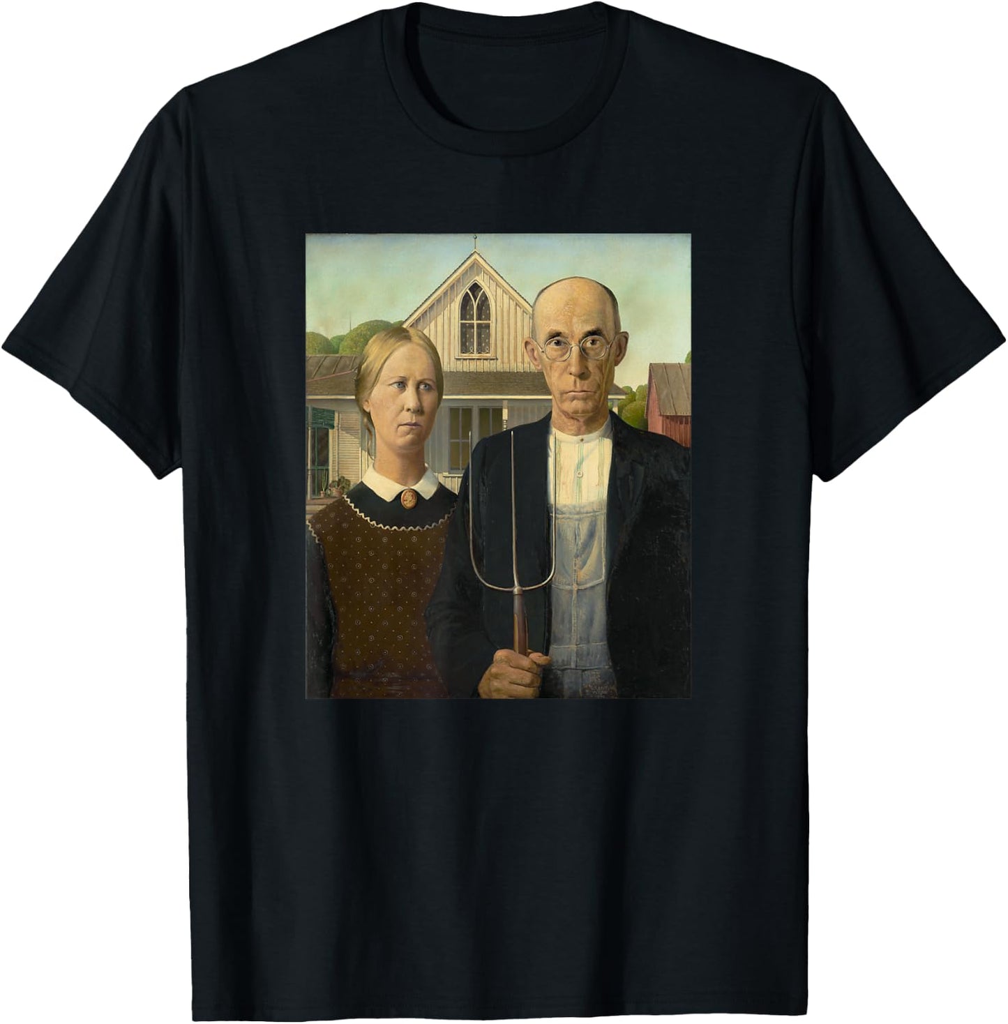 Grant Wood's American Gothic Fine Art Painting Farmers Farm T-Shirt - T-Shirt | Black